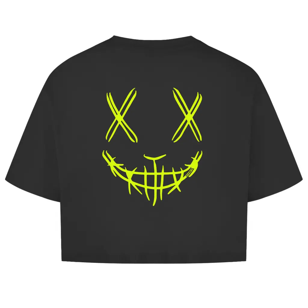 Damen Oversize Crop Top DYMSTR in schwarz mit Neon gelben Nail Face von „the Purge“