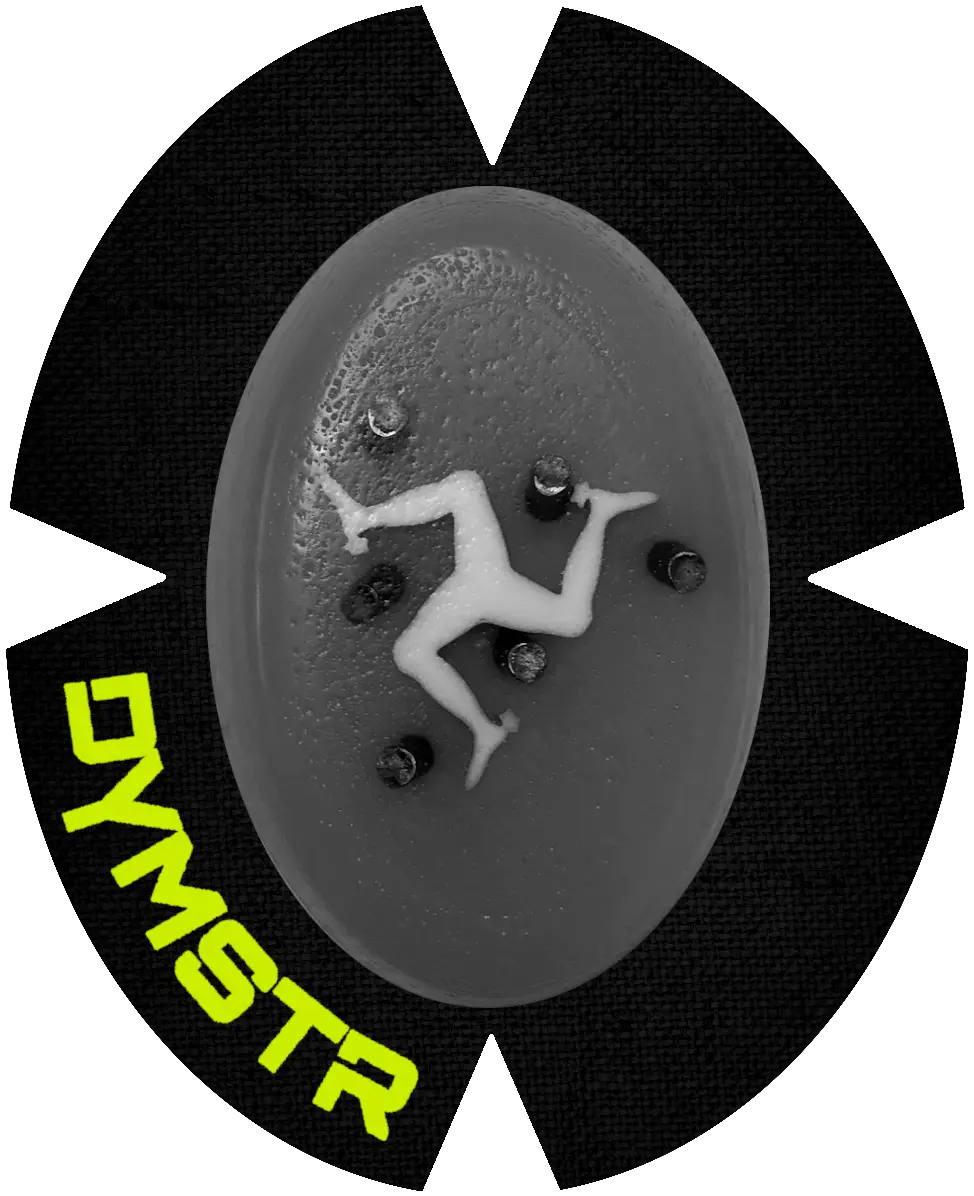 DymoStar / DYMSTR Knieschleifer / Kneeslider aus Kunststoff / plastic grau / grey und weiß / white das Logo im Schleifer ist das Symbol auf der Flagge von Isle of Man. Der Knieschleifer hat Titan Stifte für Funken / Sparky