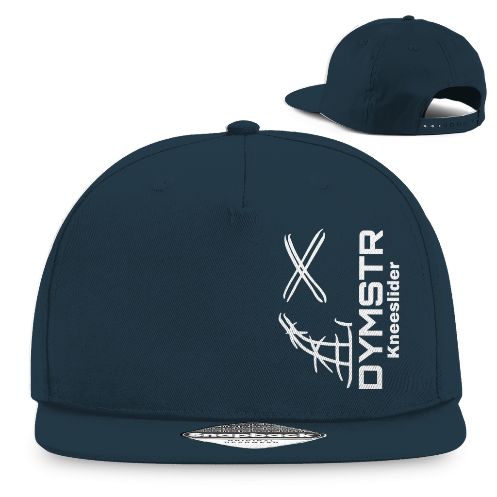 Navy Blue DYMSTR SnapBack für Motorradfahrer mit weißem Firmenlogo „DYMSTR / DymoStar“ auf der Vorderseite.