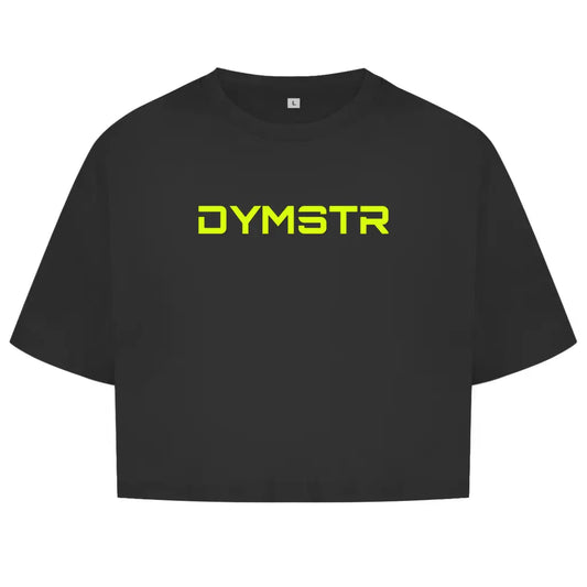 Damen Oversize Crop Top DYMSTR in schwarz mit Neon gelben Nail Face von „the Purge“