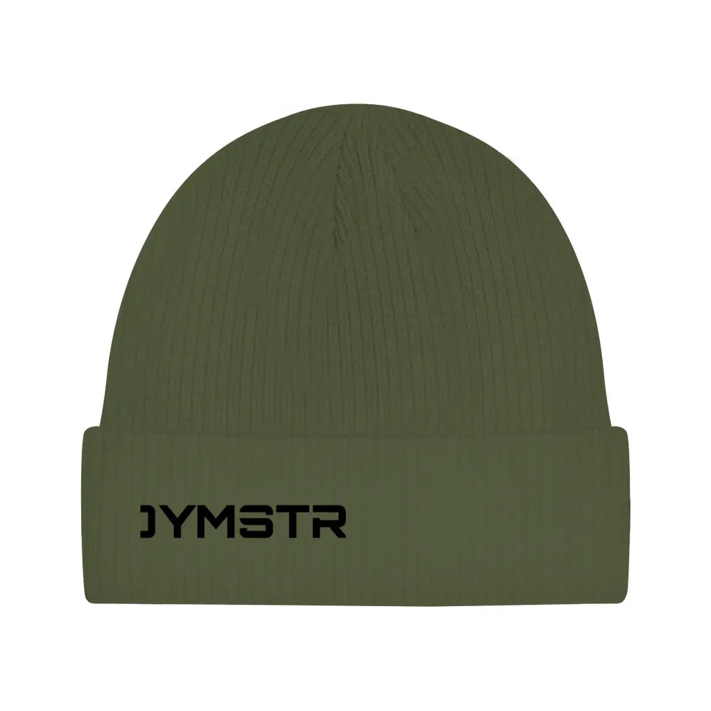 Beaniemütze in oliv und einem DYMSTR Knieschleifer Logo auf der Vorderseite