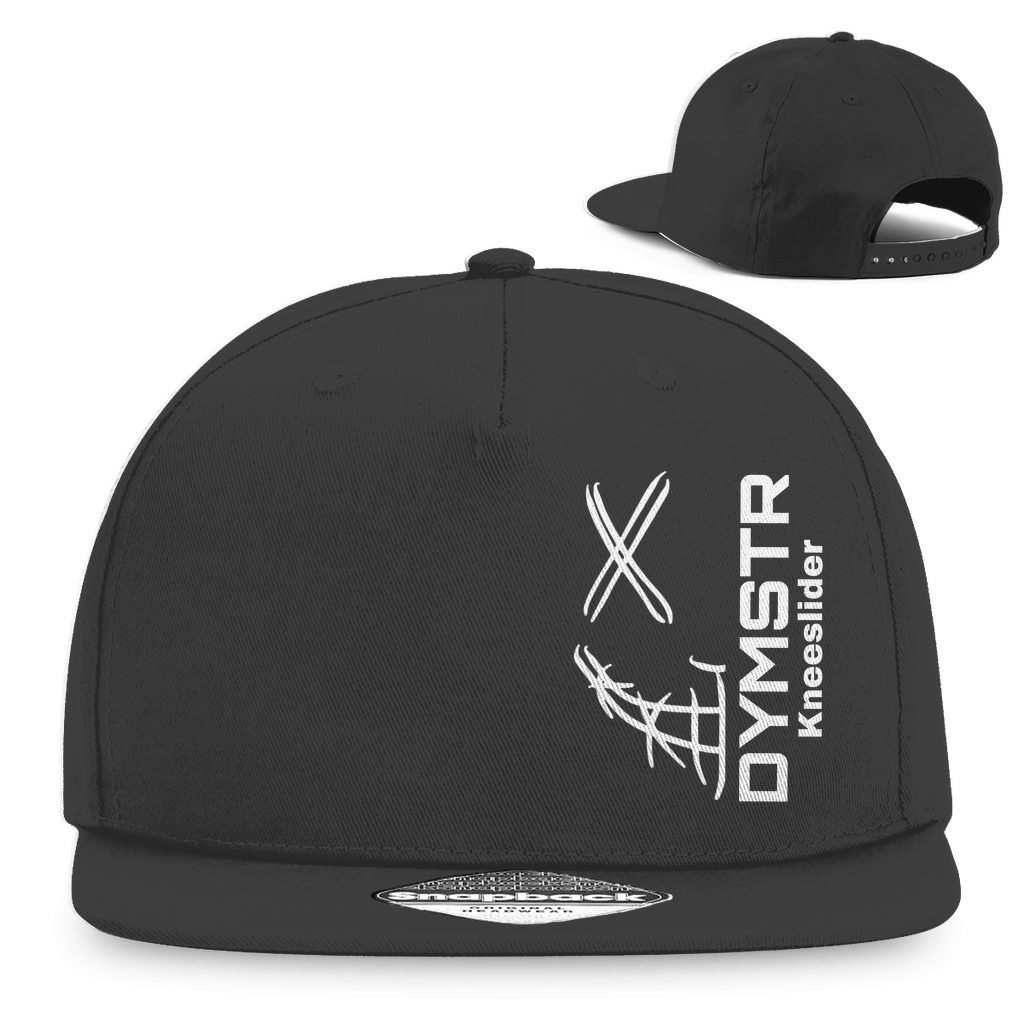 Graue DYMSTR SnapBack für Motorradfahrer mit weißem Firmenlogo „DYMSTR / DymoStar“ auf der Vorderseite.