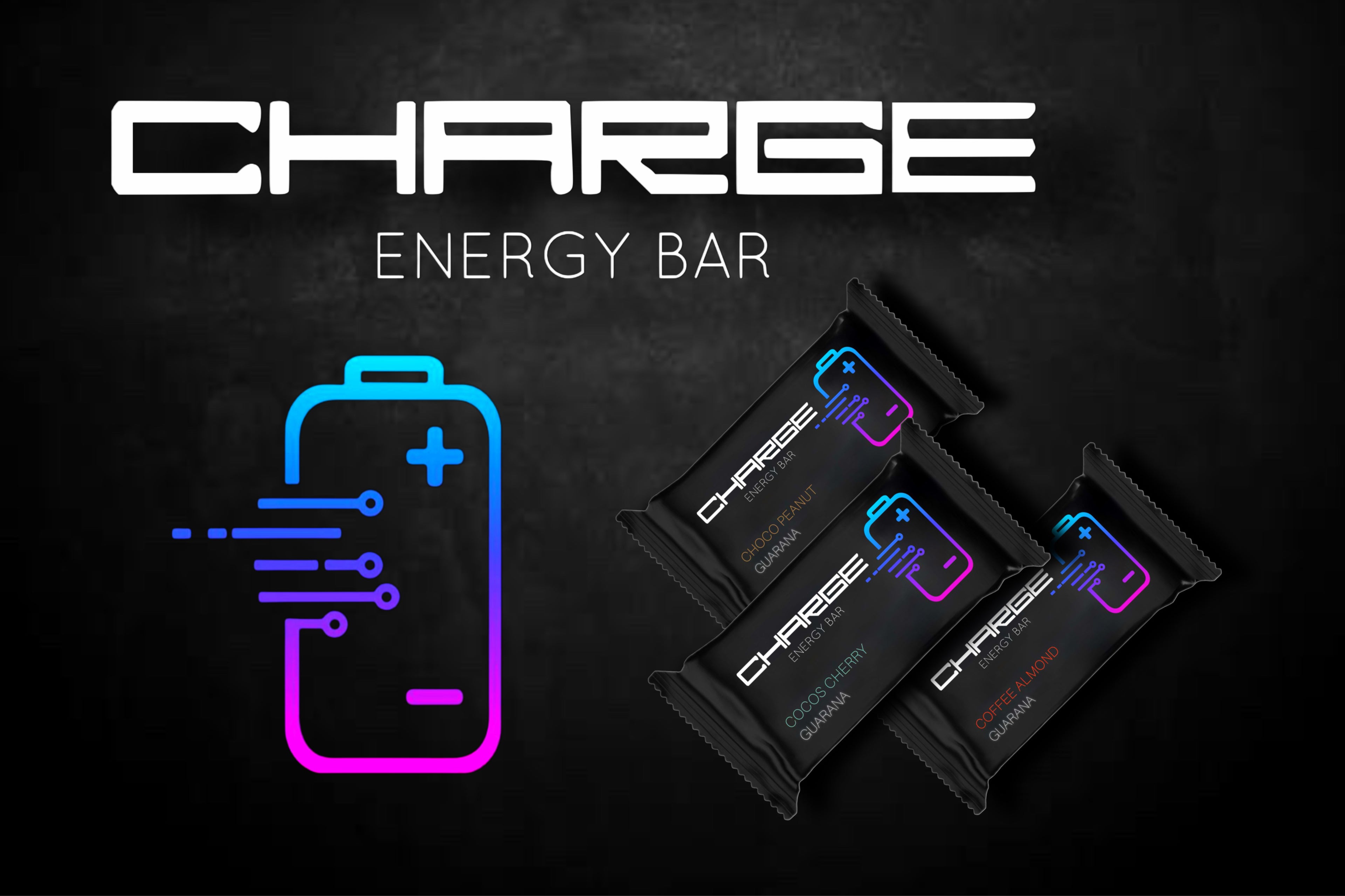 Charge Energy Bar Riegel für Unterwegs. Perfekt für Motorrad, Fahrrad, Rennrand, Wandern, Ski, Schule, Uni. Der leckere Snack mit Energie für Unterwegs. Schwarze Verpackung mit einer leuchtenden Batterie 