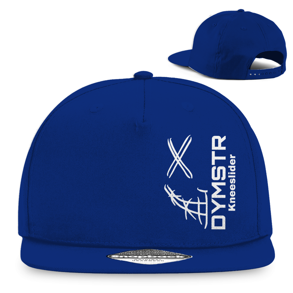Blaue DYMSTR SnapBack für Motorradfahrer mit weißem Firmenlogo „DYMSTR / DymoStar“ auf der Vorderseite.